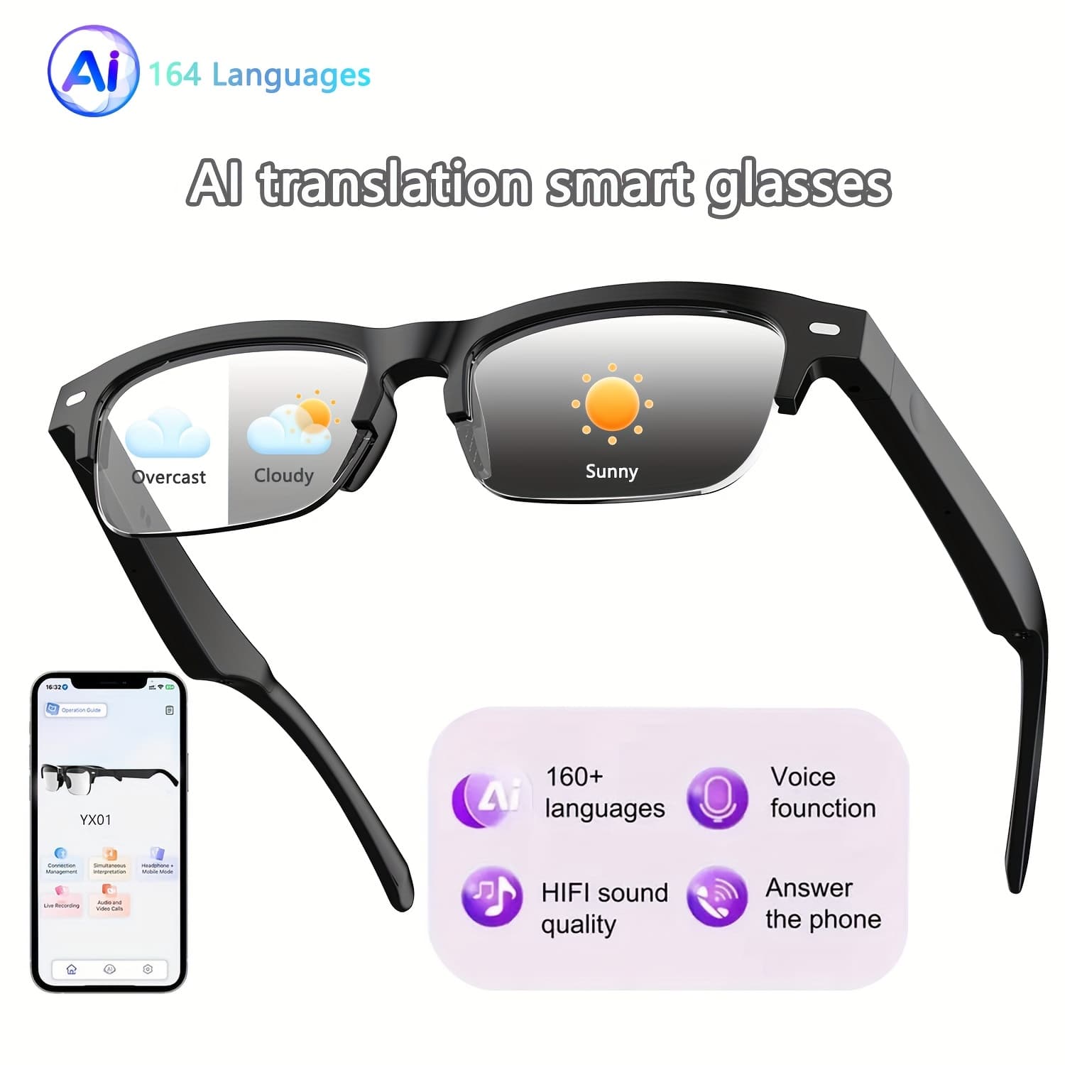 TEMU Smart Glasses For Ai Translation, Featuring The Large Model, Support 164 Languages And Offer 4 : Real-time, Call, Meeting, And Face-to-face Translation. Come With A 6-hour , Auto-tinting