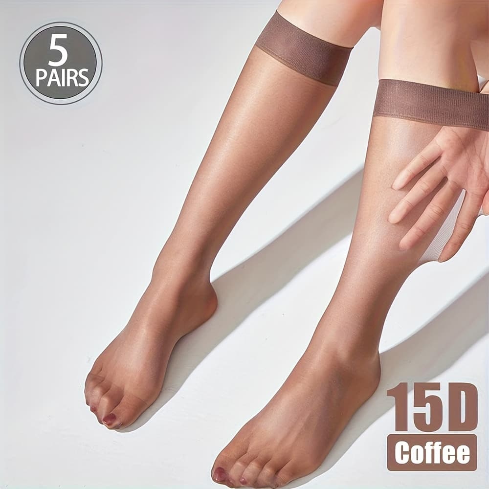 TEMU 5 Pairs Women's Elegant Plus Size Crystal Solid Color Socks - Soft Sheer Mid-calf, Smooth Breathable Fit Suitable For Everyday & Formal Wear, Minimalist Neutral Socks ( Beafe), Durable