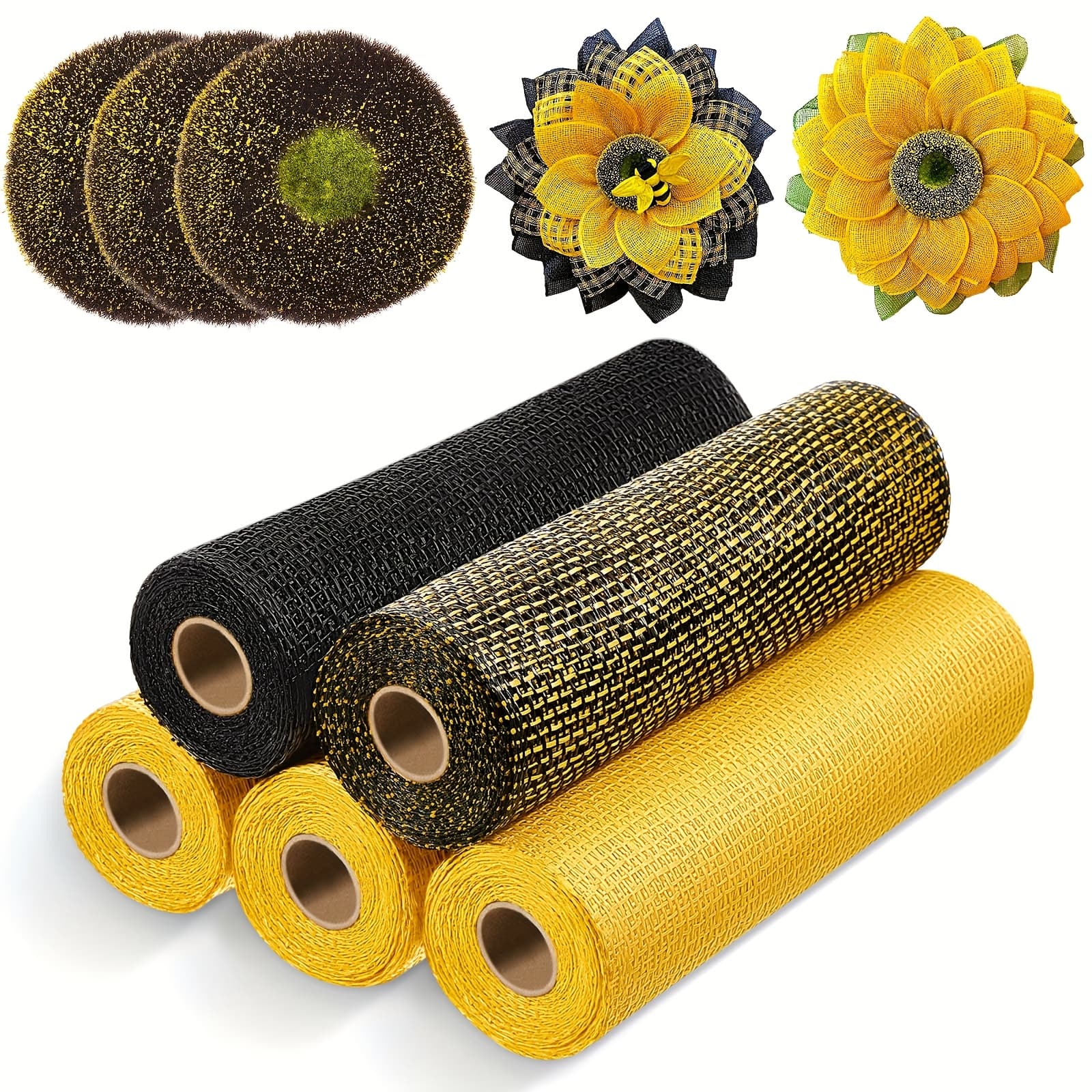 TEMU 10pcs Sunflower Wreath Making Kit With 5 Rolls Burlap Mesh Ribbon And 5 Foam Sunflower Heads - Diy Craft Supplies For Wreaths, Party Decorations, Flower Arrangements - Disc Set For Centerpieces