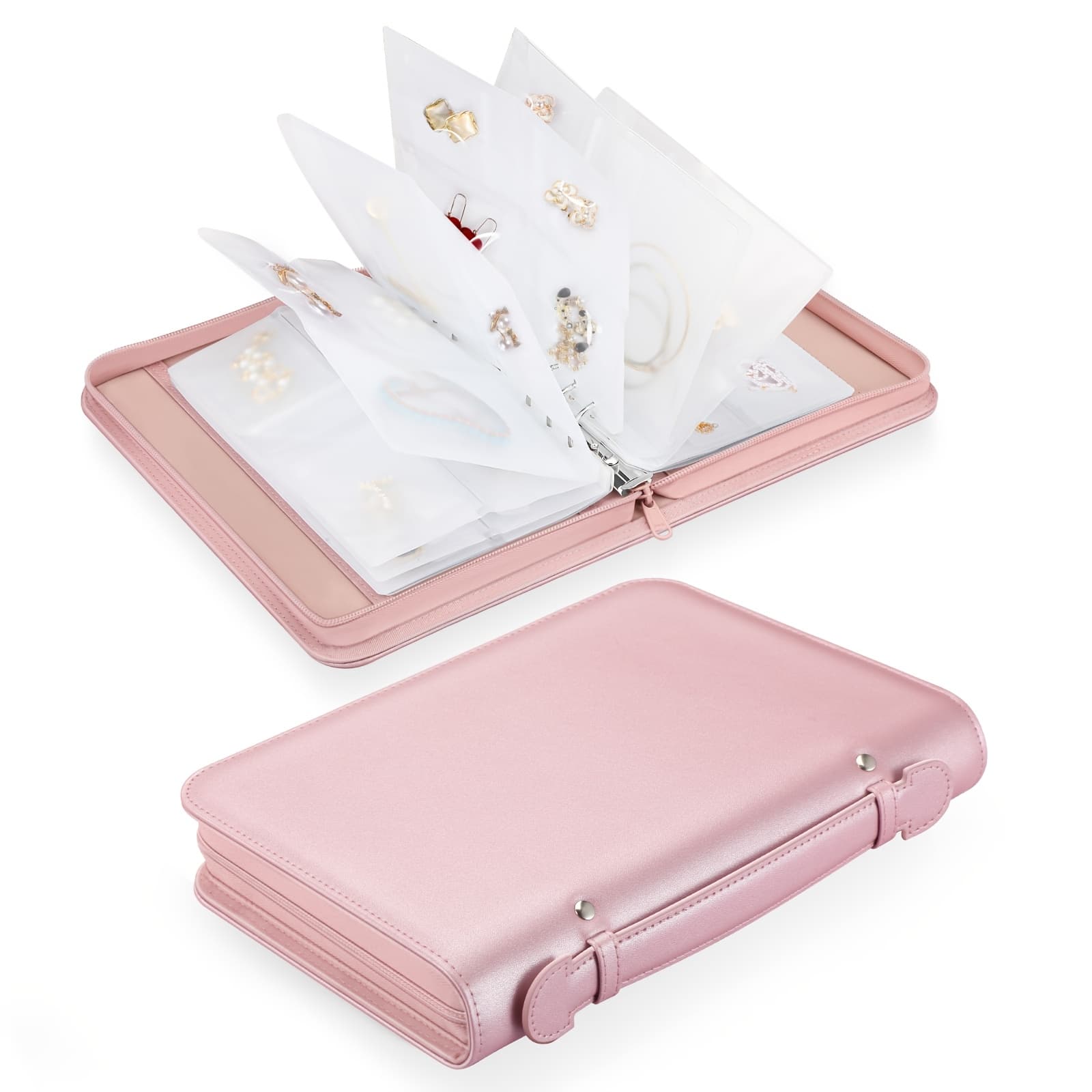 TEMU Jewelry Travel Organizer Case, Faux Leather Portable Jewelry Storage Book With Transparent Pockets Zipper Bag For Necklaces, Earrings, Bracelets(48 Grids+48 Thicken Pvc Bags), Jewelry Boxes