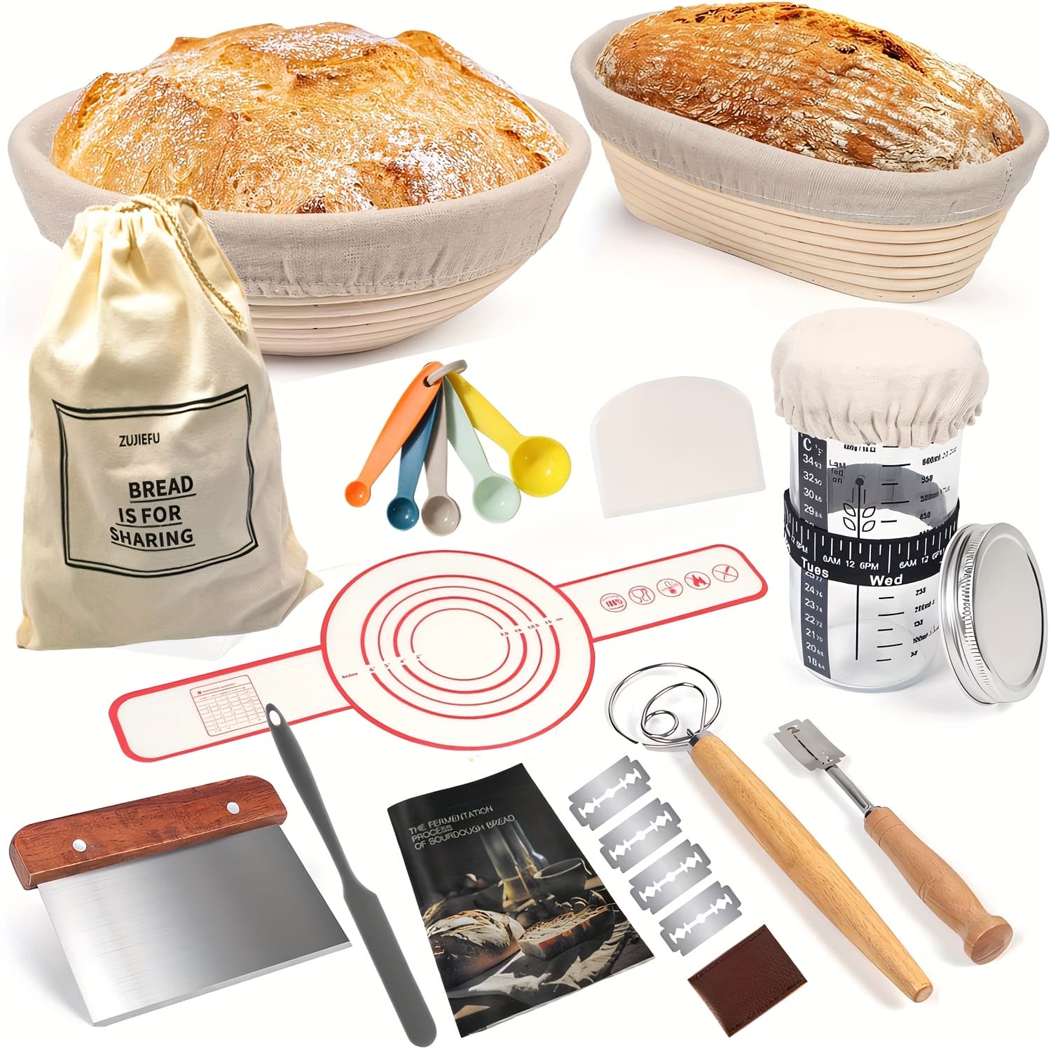 TEMU Sourdough Starter Kit, Proofing Basket Of Two, 9in Round &10in Oval Proofing Basket Set With Silicone Bread Sling, Dough Scrapers, Lame, Sourdough Jar, Perfect Bread Making Kit
