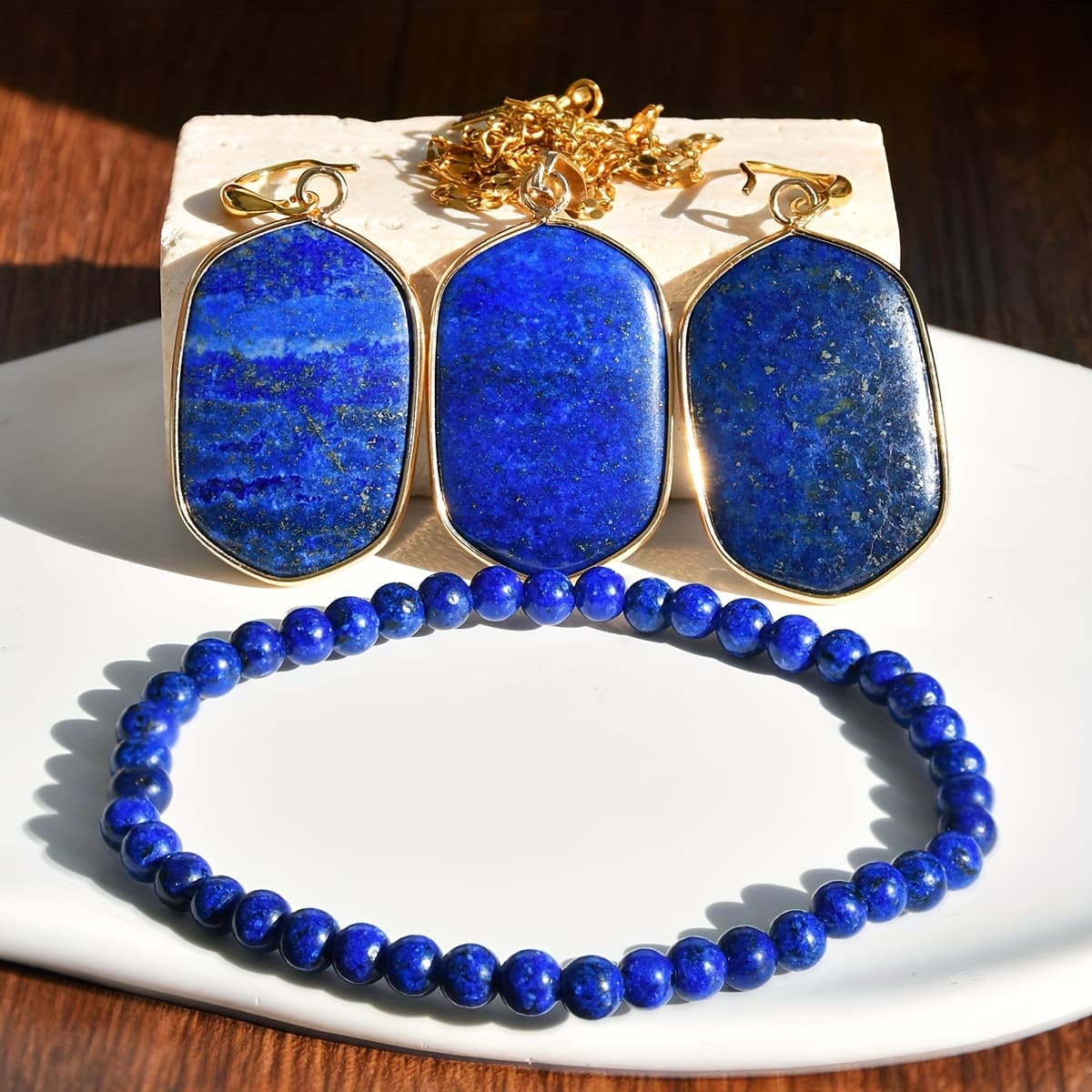 TEMU Set Of Easy Retro Bohemian Jewelry Including Irregular Lapis Pendant, Necklace, Earrings, And Bracelet, Perfect For Gifts On Day