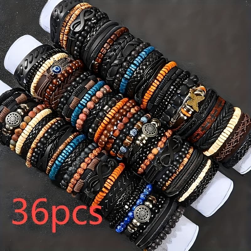 TEMU 18/36pcs Set Of Men's Bracelets With Wooden Beads And Pu Leather Combination, Men's Bracelets, Vintage , Christmas