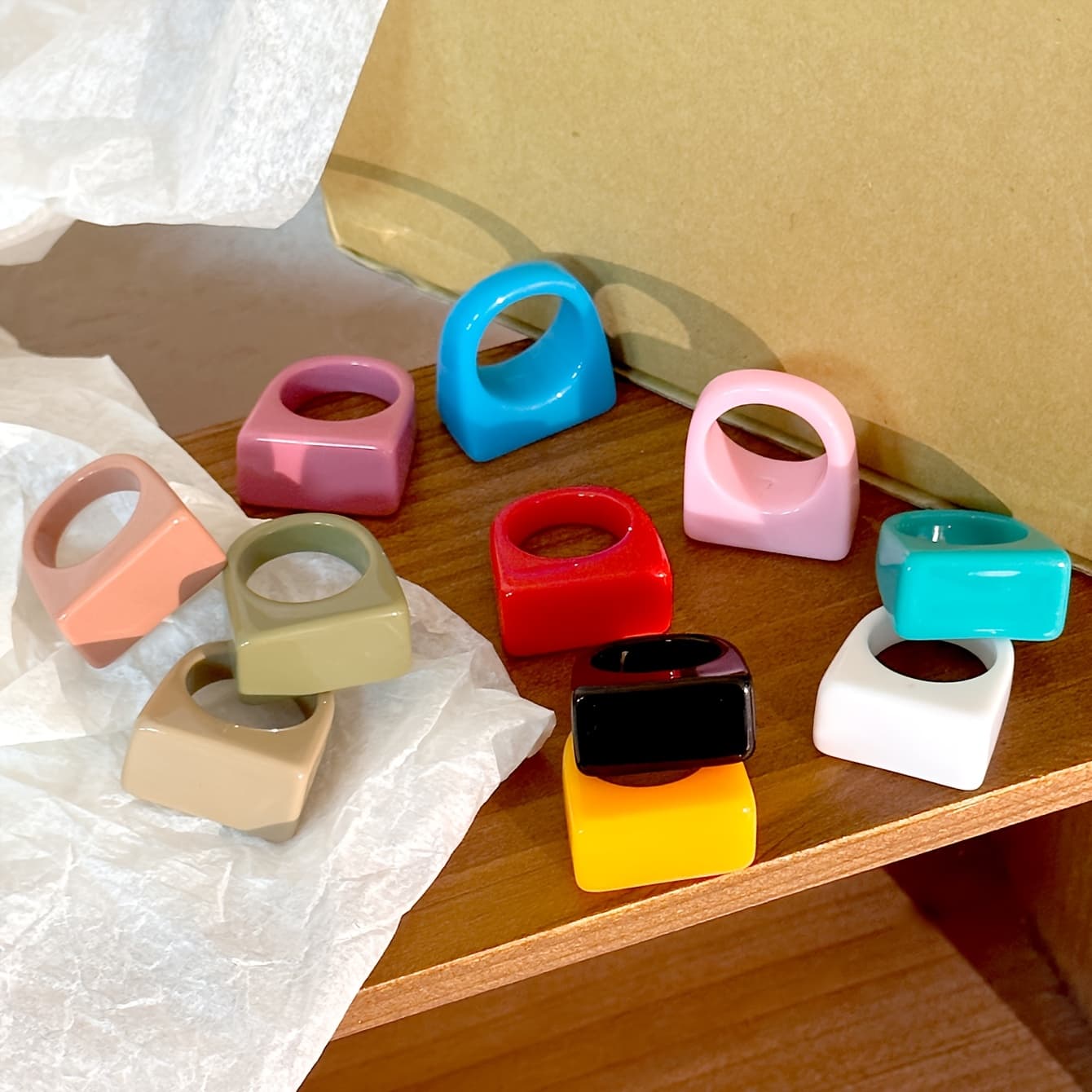 TEMU 11pcs Personality Temperament Versatile Retro Colorful Rectangular Geometric Resin Rings
