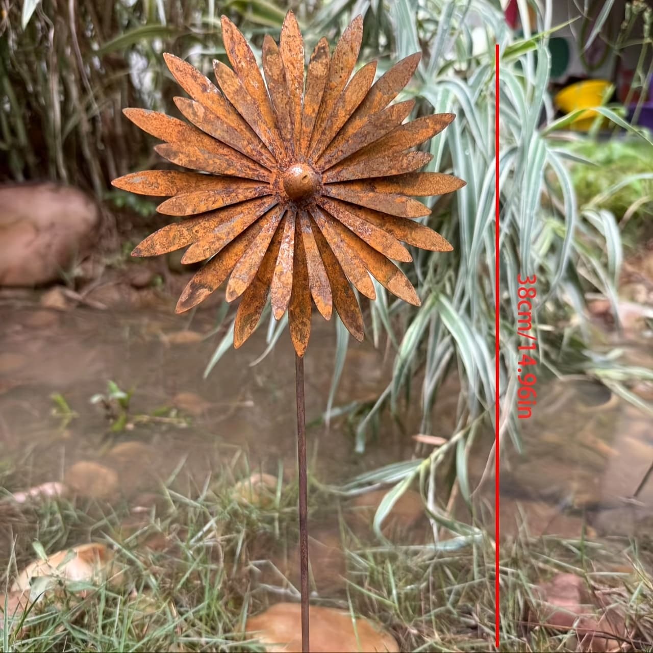 TEMU Garden Stake Metal Flower Rust Garden Decoration Rusty Decoration Rust With Stainless Steel Ball Flower Bed Stake Pot Stake Rusty Garden Decoration 38 Cm