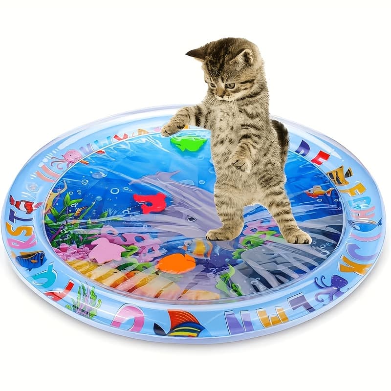TEMU Interactive Water Mat, Indoor Pvc Splash Proof Cat Toy With Floating , With Cartoon Patterns, Cleaned With Tap Water, And Does Not Batteries.