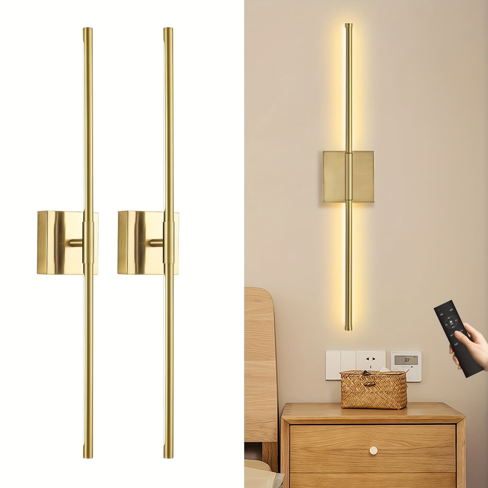 TEMU 2-pack Wireless Dimmable Wall Lights - 350° Rotatable Led With Remote, Cordless Linear Design For Bedroom, Hallway, Living Room