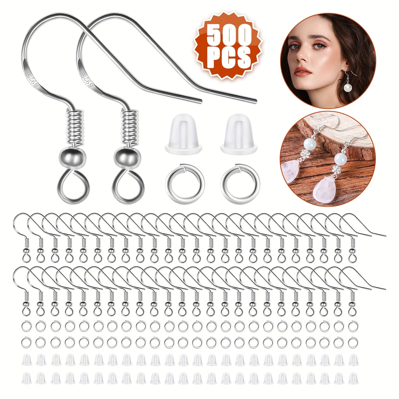 TEMU 500pcs Earring Jewelry Making Kit With Hooks, Clear Plugs & Jump Rings, Hypoallergenic 925 Silvery-plated, For Making & Crafting, Valentine's Day & Easter Gift