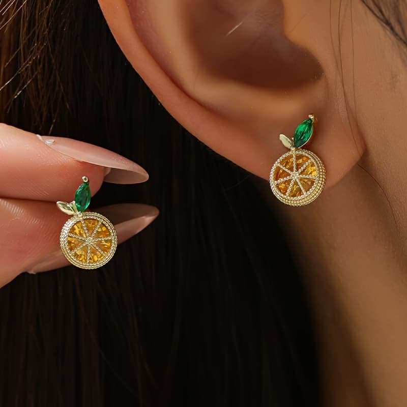 TEMU 1 Pair Of Copper-inlaid Cubic Synthetic Zirconia Orange-shaped Stud Earrings, Chic Earrings, Suitable For Women' Casual And Vacation Wear