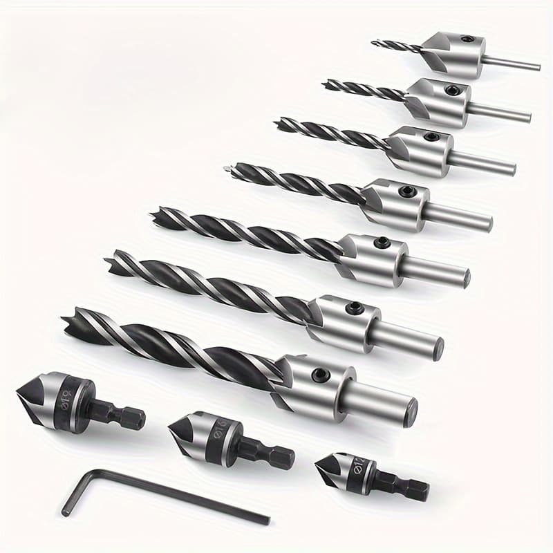 TEMU Asdtodw 10pcs Stainless Steel Boring Drill Bits Set - Countersink Drill Bit Set With Hex Key Wrench, 7pcs Wood Countersink Bits, 3pcs Hex Shank Boring Bits For Woodworking
