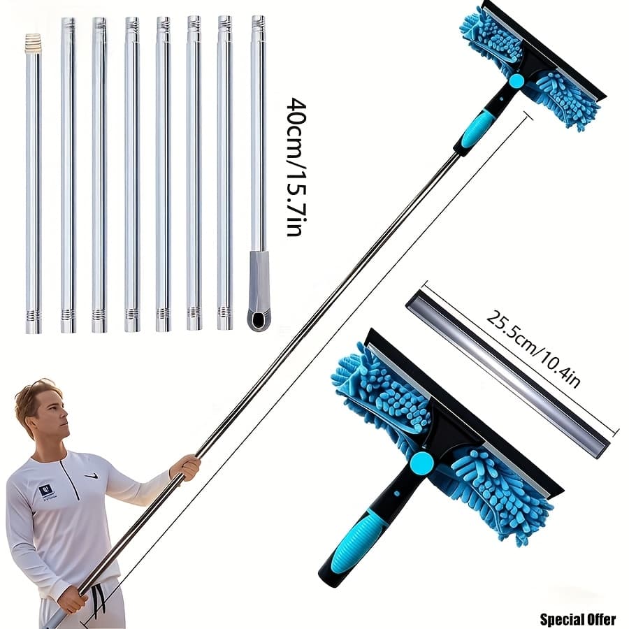 TEMU Window Cleaning Tool, 2-in-1 Washer And Squeegee With Strong Water-absorbing Chenille Cloth Cover, 8pcs Stainless Steel Handle Set, A Reliable Cleaning Assistant