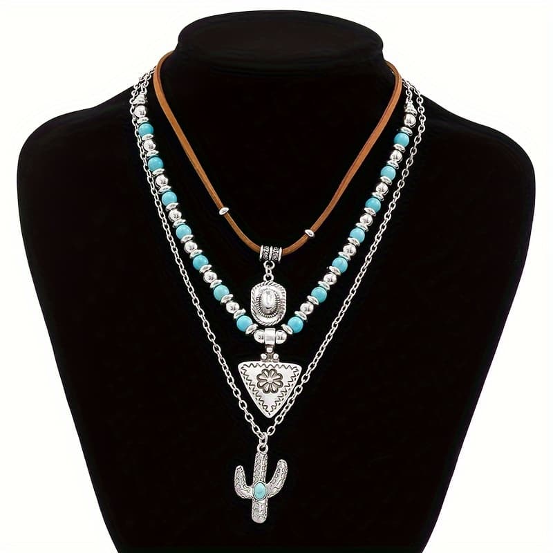 TEMU 3pcs, Vintage Turquoise Sweater Chain, Beaded Necklace Set, Brown Suede Necklace Set, Bohemian Style Jewelry