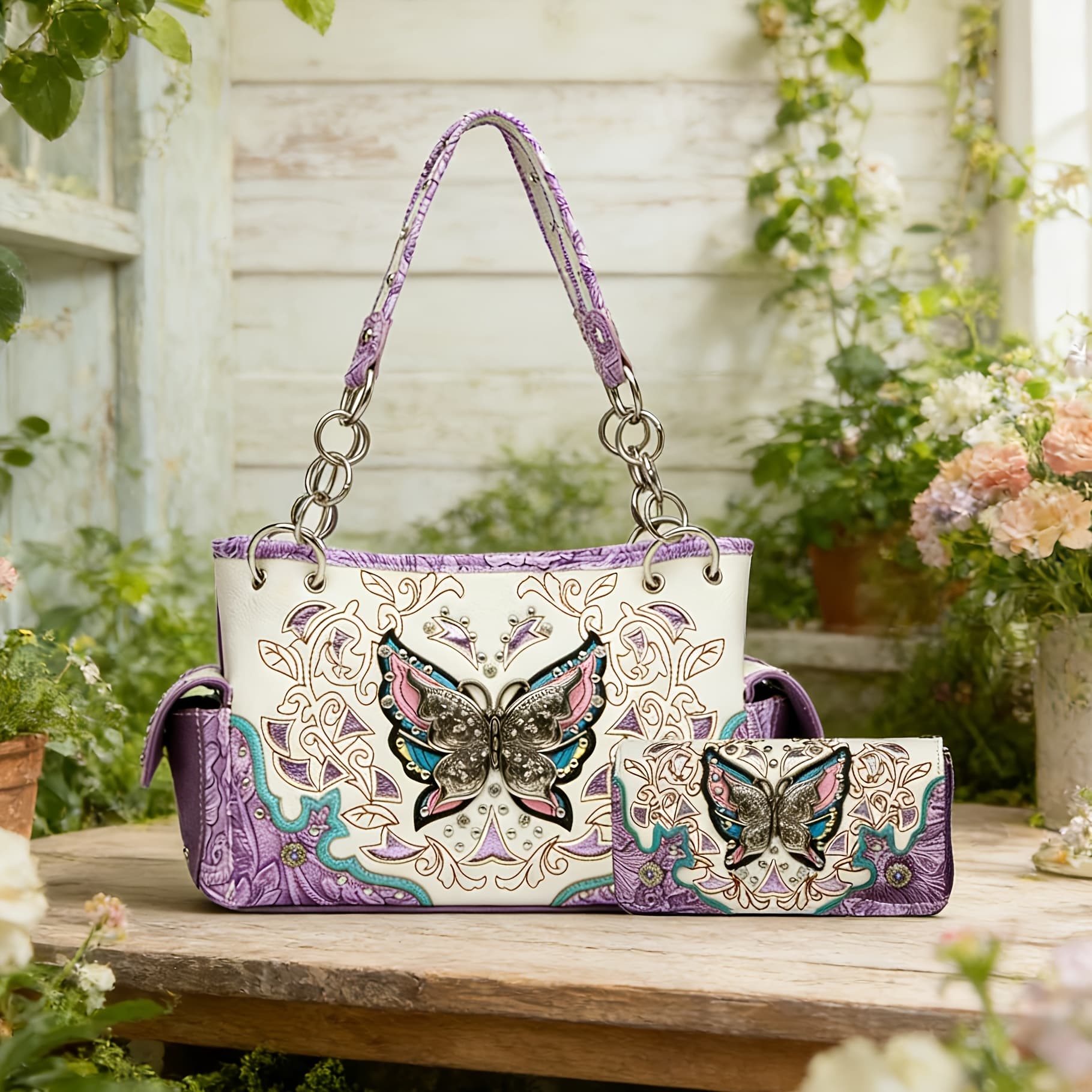 TEMU Western Style Spring Flower Purse Women Country Handbag Stud Shoulder Bag Wallet Set