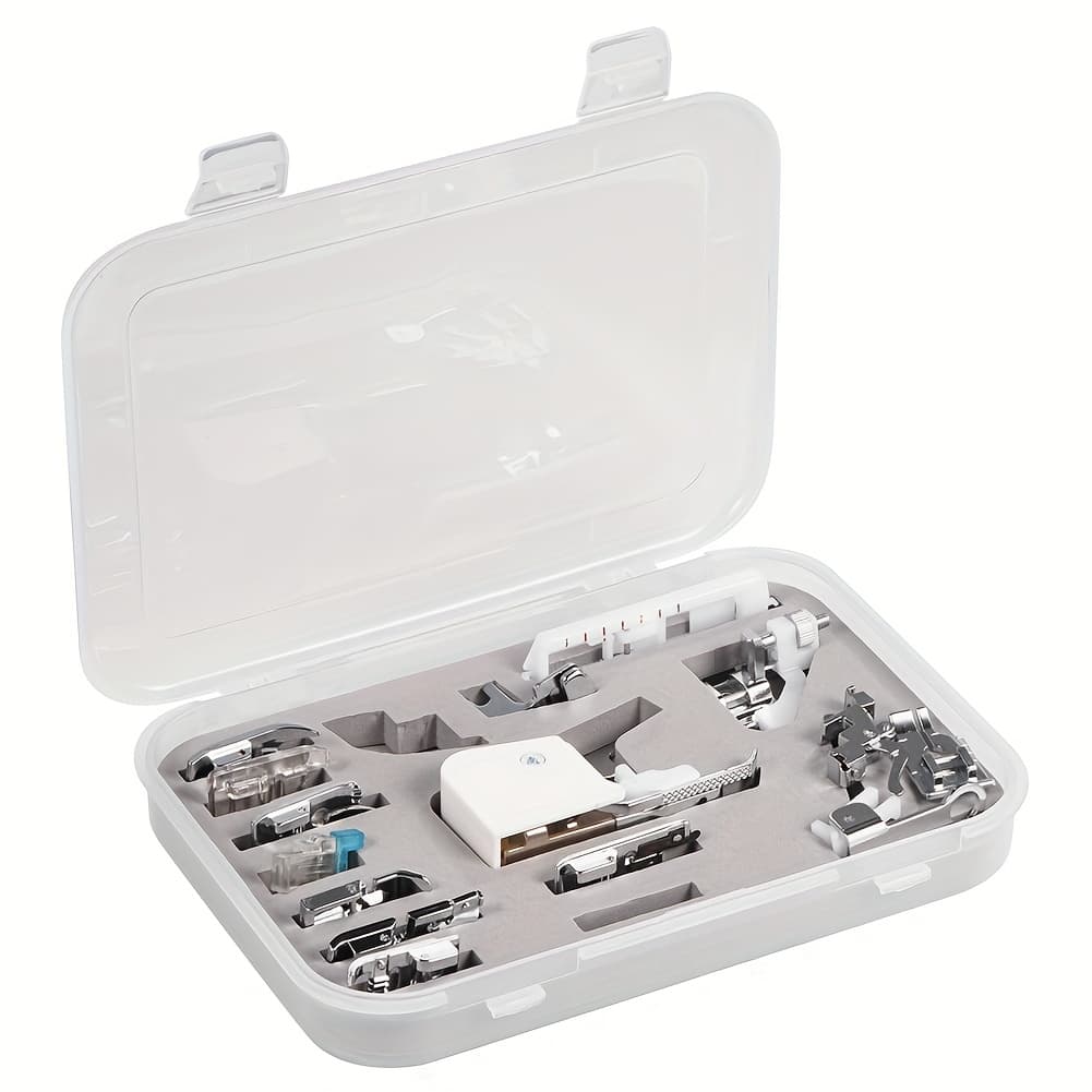 TEMU A Set Of 15 Professional Sewing Machine Presser Feet, Including A Walking Foot, Designed For Low Shank Machines. This Kit Contains Essential Additions Like Lock Edges, Nail Buckles, And Zippers