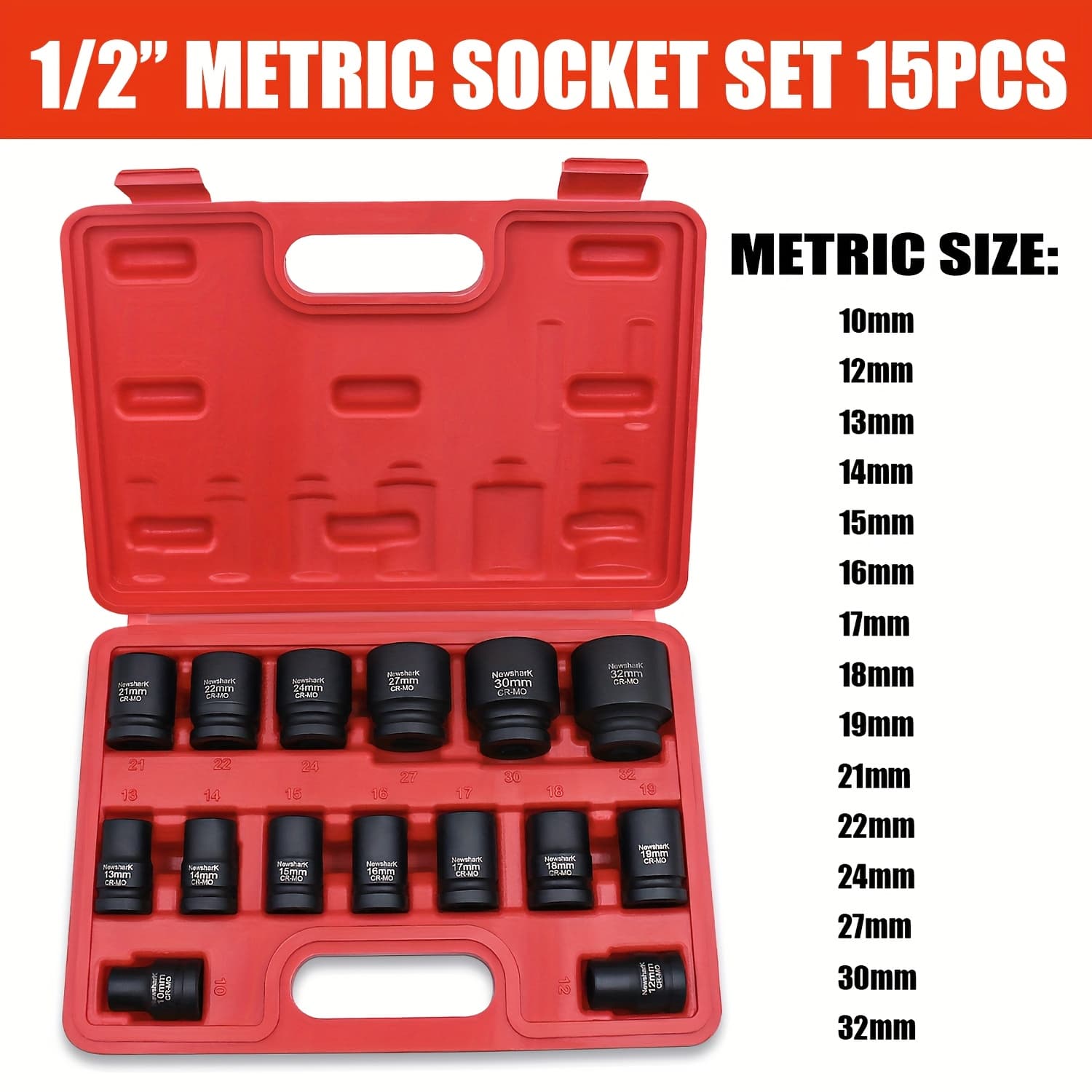 TEMU Set Of 15 Shallow Impact Sockets With A 1/2-inch Drive, Made Of Cr-mo, Including Metric Sizes From 10mm To 32mm And Sae Sizes From 5/16-inch To 1-1/4 Inch, Featuring A 6-, All In A Storage Case