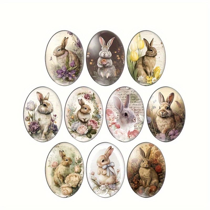 TEMU 2d Flat - 10pcs 13x18mm/18x25mm Vintage Cartoon Flowers Rabbit Art Paintings Oval Photo Glass Cabochon Demo Flat Back Making Findings