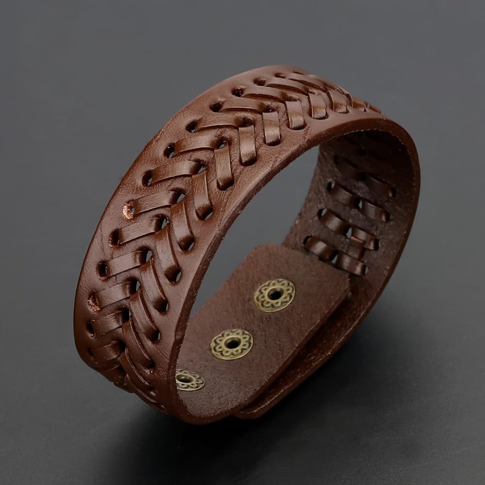TEMU 1pc Style Men's Fashion Vintage Hand-woven Genuine Cowhide Leather Bangle Bangle Bracelet Suitable For Daily Men