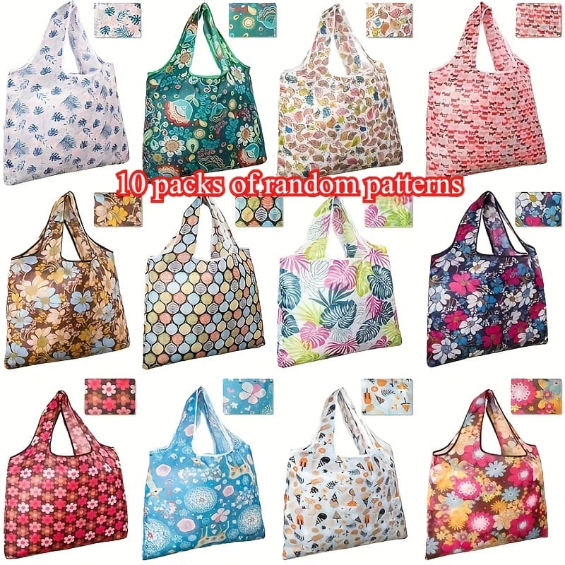 TEMU 10pcs Vibrant Floral & Paisley Reusable Grocery Bags - Durable Polyester, Foldable & Shopping With Stylish Patterns For High-, Reusable Shopping Bags, Random Pattern