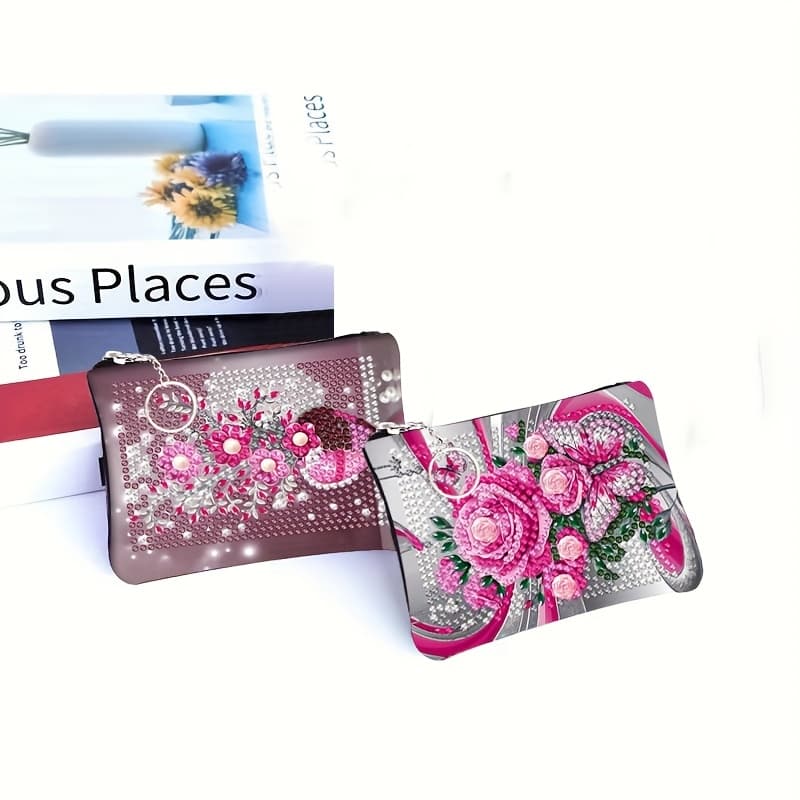 TEMU 2 Diy Diamond Painting Kits, Coin Purse With Keychain, Women's Short Handbag, Pink , Special Shaped Irregular Synthetic Gemstone Mosaic Art, Portable Organizer