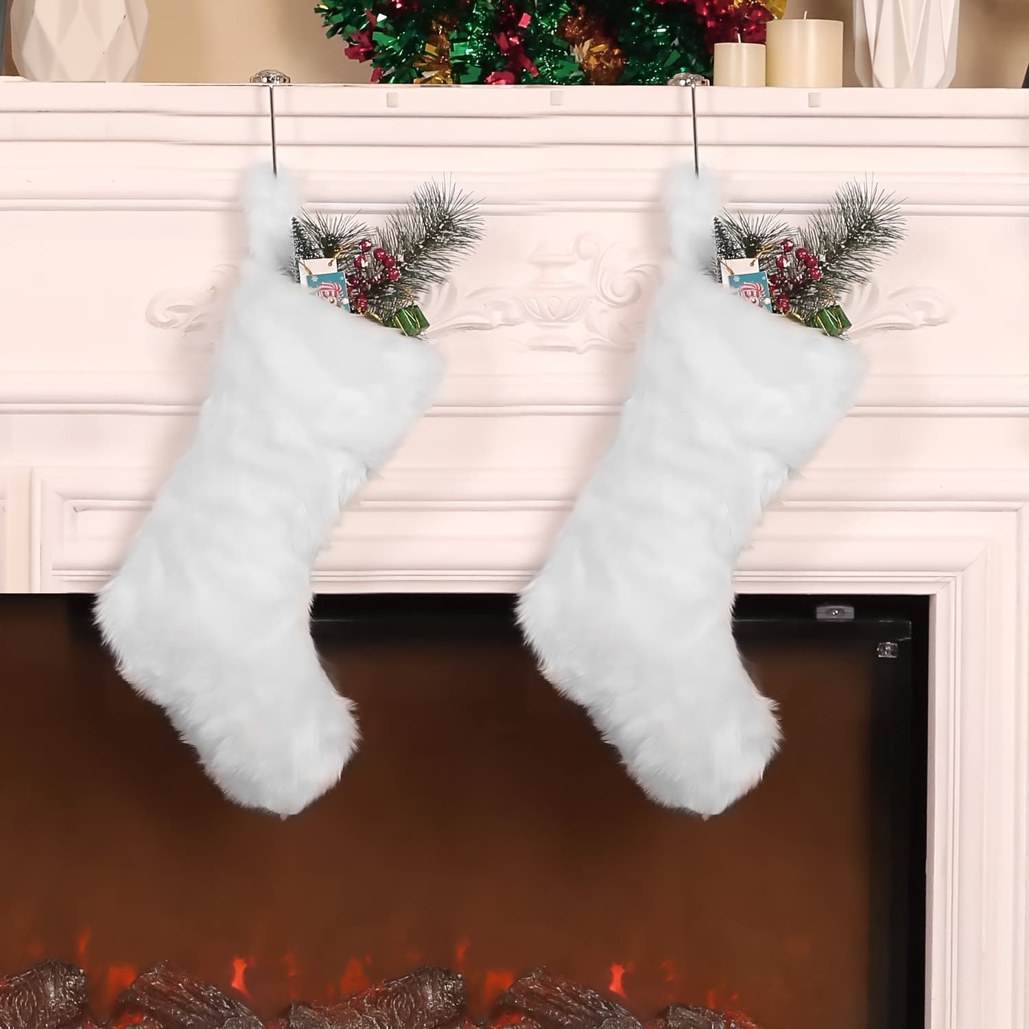 TEMU Set Of 2, 20-inch White Christmas Stockings Made Of Faux Fur, Perfect For Hanging . Ideal For Gifting And Decorating During Family Celebrations