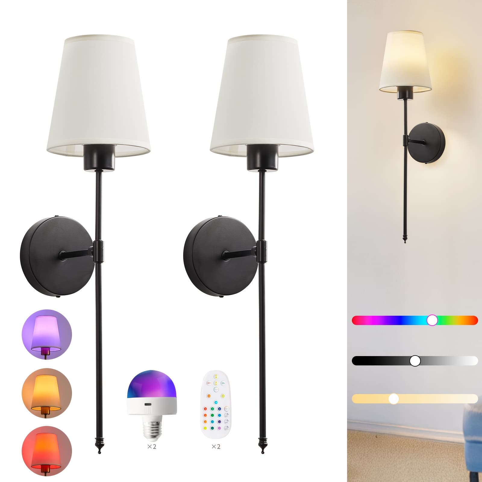 TEMU 2 Pack Rechargeable Rgb Wall Sconces 15 Color Dimmable Led Lights With Remote, Wireless Stick On Design For Bedroom, Living Room, Hallway, Bathroom, Kitchen, And Closet