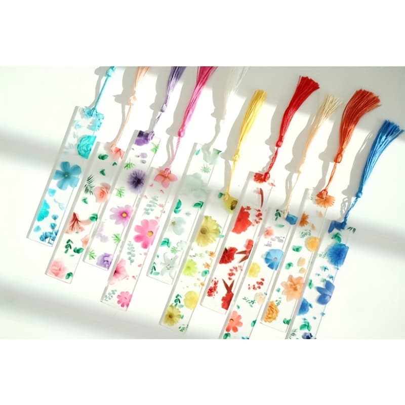 TEMU 6pcs Vibrant Floral Acrylic Bookmarks With Tassels - Clear, Durable Page Markers For School & Office Supplies, Decorative And Functional, School Supplies | | Detailed Floral , Cute Bookmarks