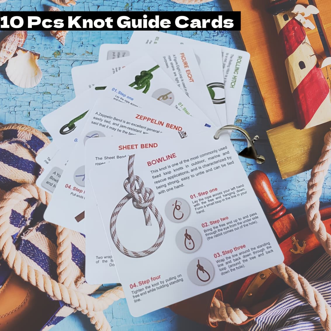 TEMU 10pcs Waterproof Pvc Knot Tying Cards 20 Knots Snap Ring For Training Outdoor Teaching Guide.