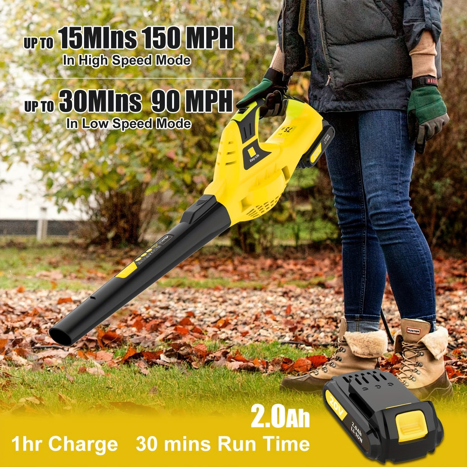 TEMU Cordless Leaf Blower - 21v Battery-powered Electric Blower With Charger And Battery, Features 2 Speed Settings, 2.0ah Lightweight Battery For Lawn Maintenance, Patio Use, And Leaf Blowing
