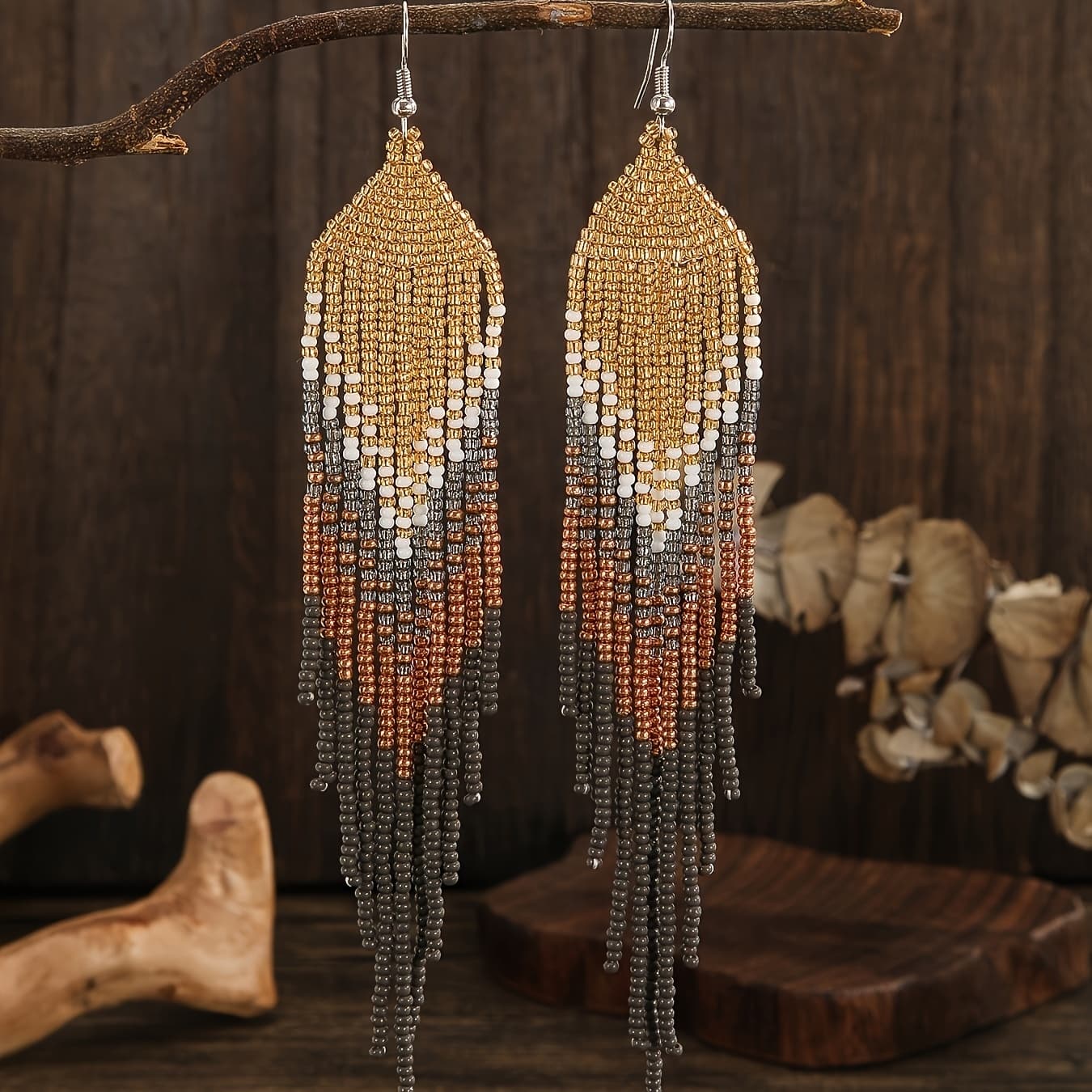 TEMU 1 Pair Bohemian Style Handmade Beaded Rhombus Long Tassel Dangle Bead Earrings Suitable For Women' Wear