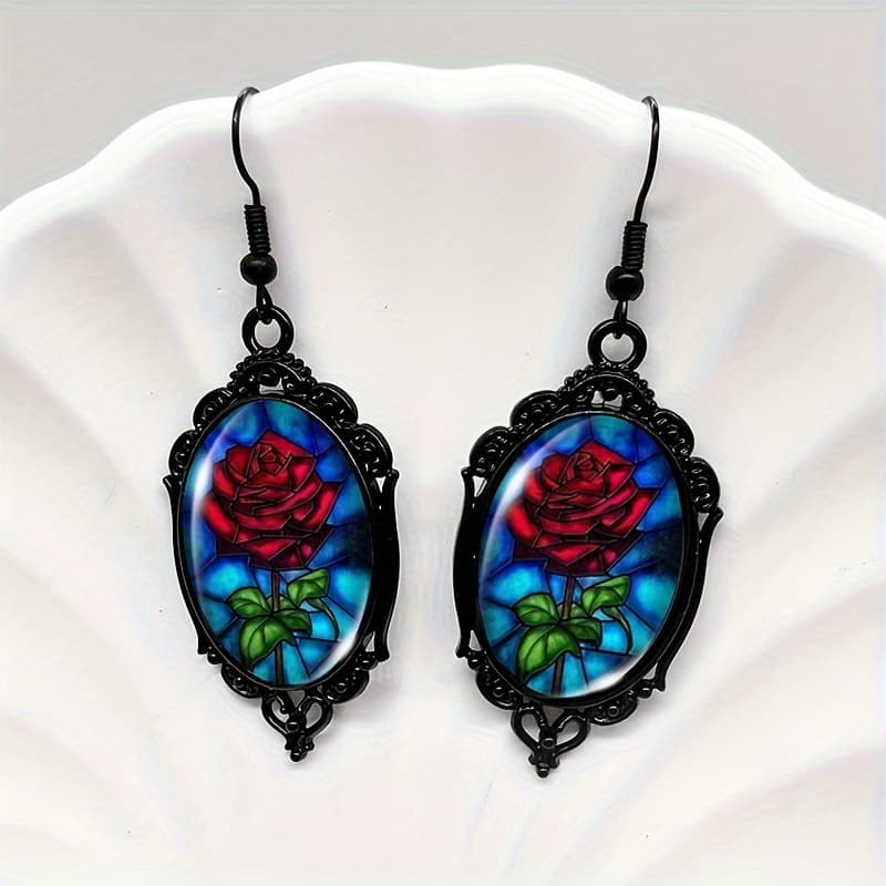 TEMU 1 Pair Of Rose Black Lace Earrings Glass Earrings For