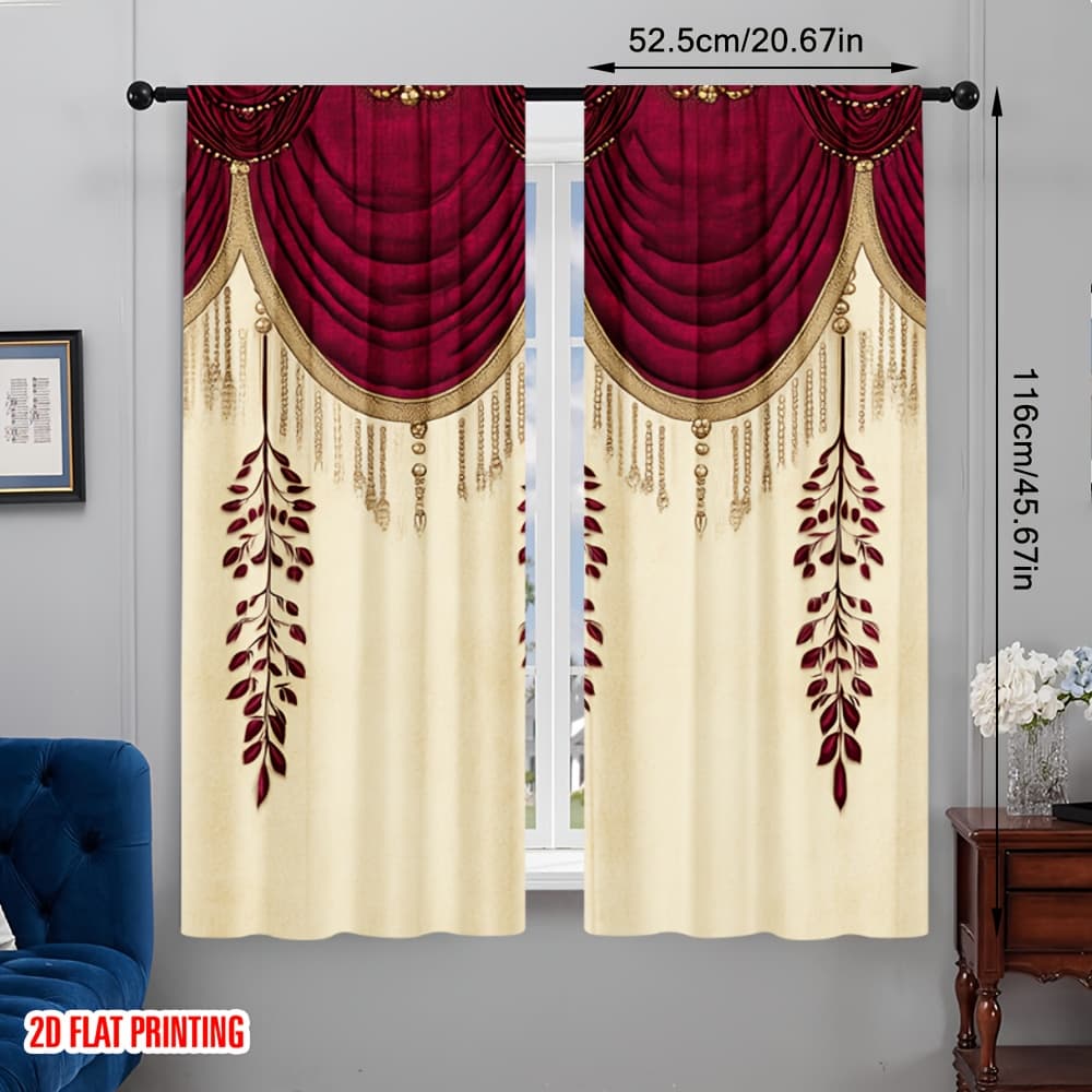 TEMU 2d Flat, 2pcs Printed Top Curtains, Red Drapery Room And Office Home Decor, 2d Flat