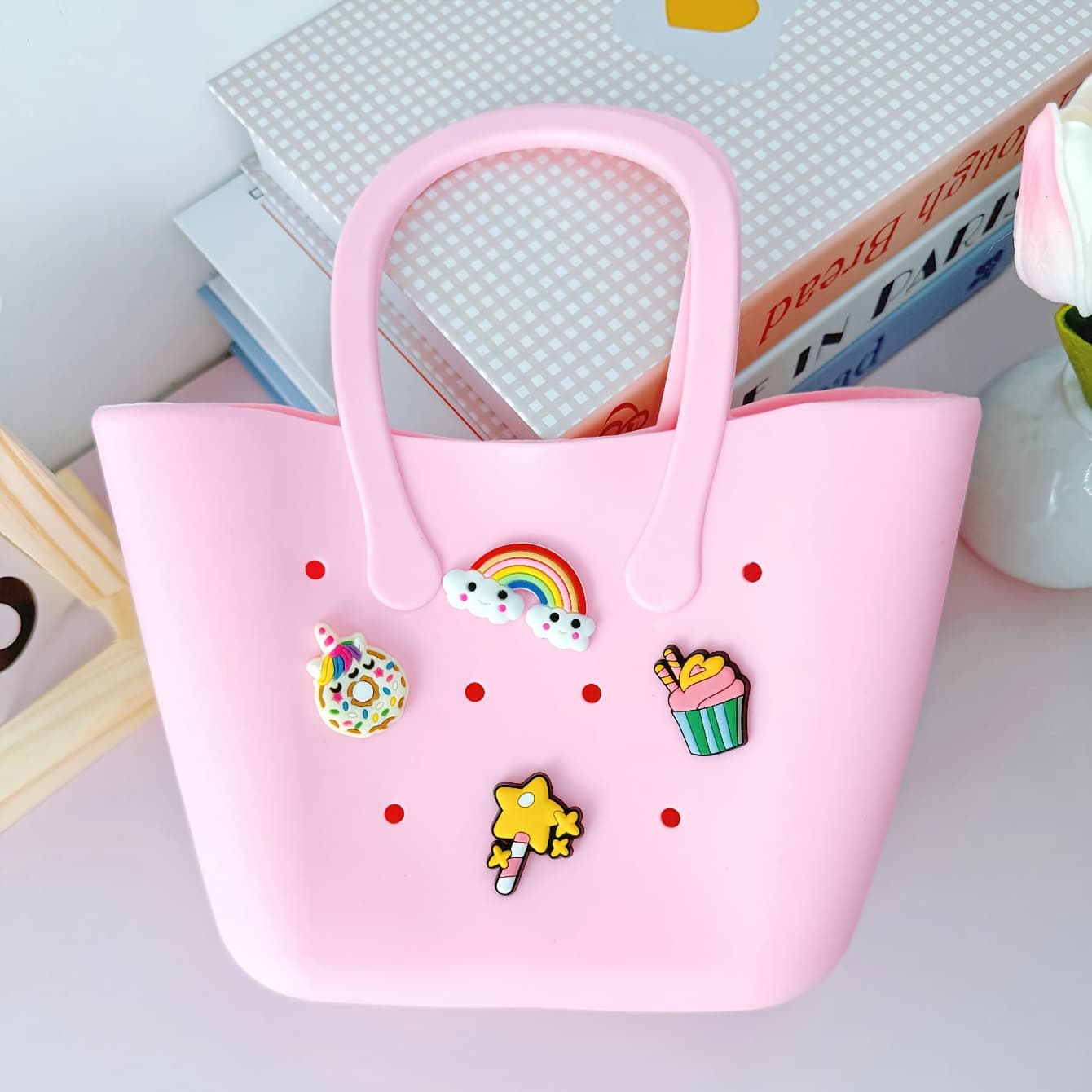 TEMU 1 Solid Color Silicone Material + Matching 4 Cartoon Additions Double Handle Handbag, Beach Bag, Bathroom Storage Bag, Evening Bag, Shopping Bag