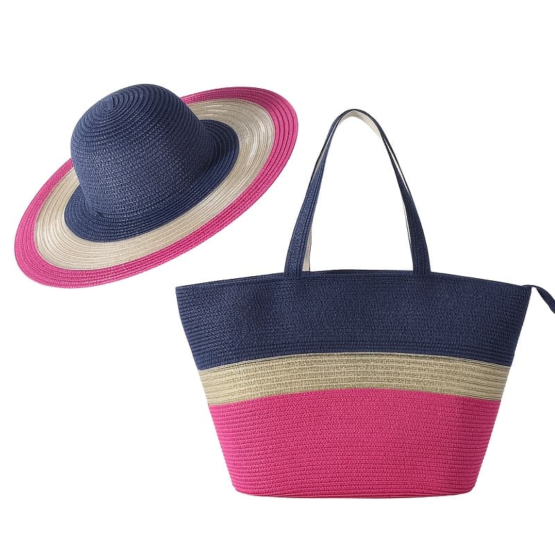 TEMU Summer Travel Set: 2pcs Wide Brim Straw Hat And Large Capacity Beach Bag With Zipper Closure, Summer , Camping, And Beach Vacation