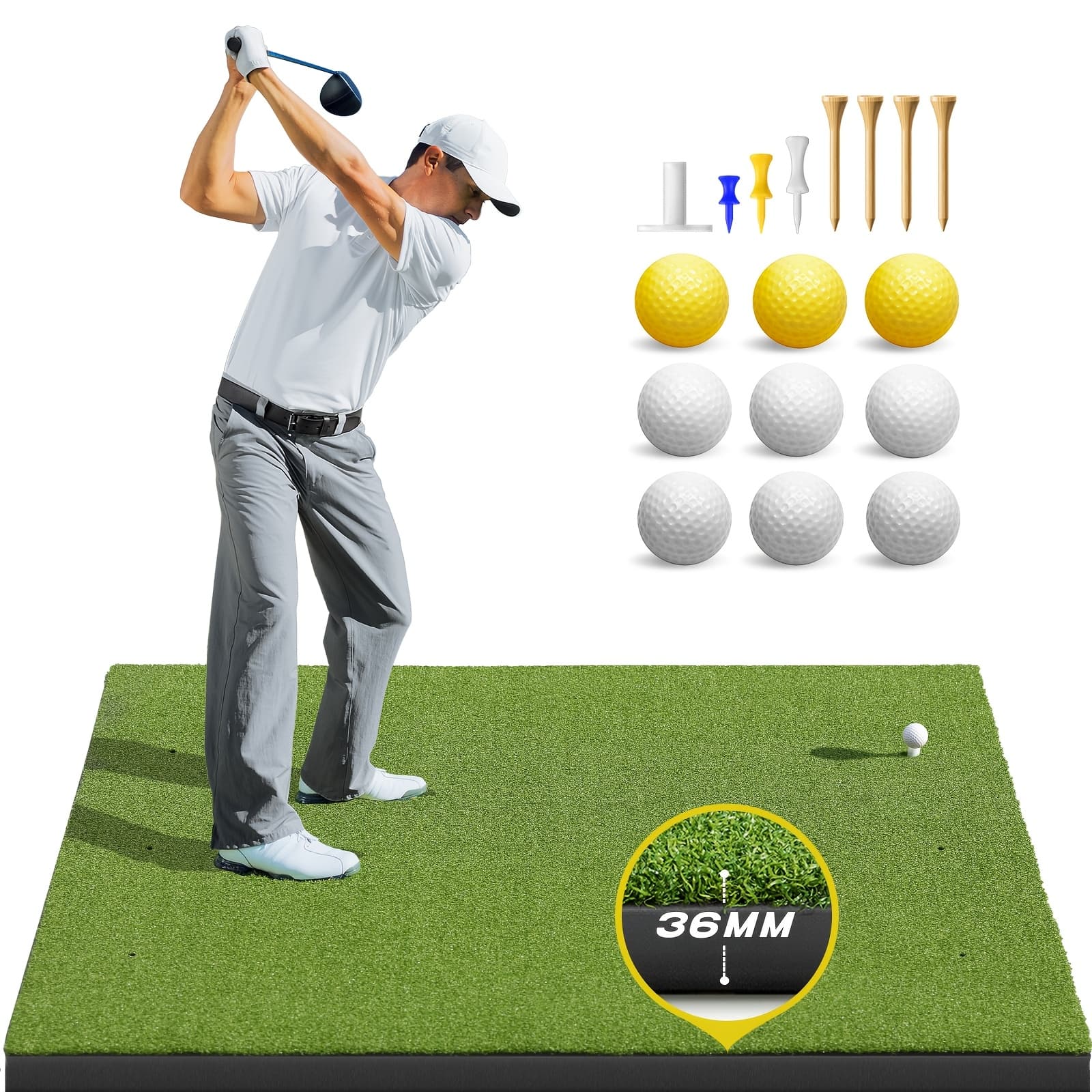 TEMU Golf Mat, 5x4ft Ultra - 36mm Artificial Turf Golf Hitting Mats Practice With 9 Golf Balls, 8 Golf Tees, Golf Hitting Training Aids For Backyard Driving Chipping Indoor
