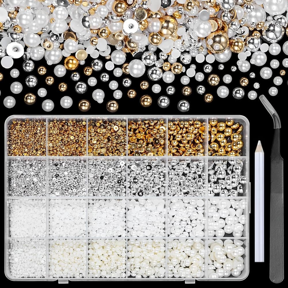 TEMU 5000pcs /box Golden Silvery Flatback For Crafting, Half Round Nail Gems, 2-8mm White Beige Beads For Diy Face Makeup With Pickup Pencil Tweezer, Half Round