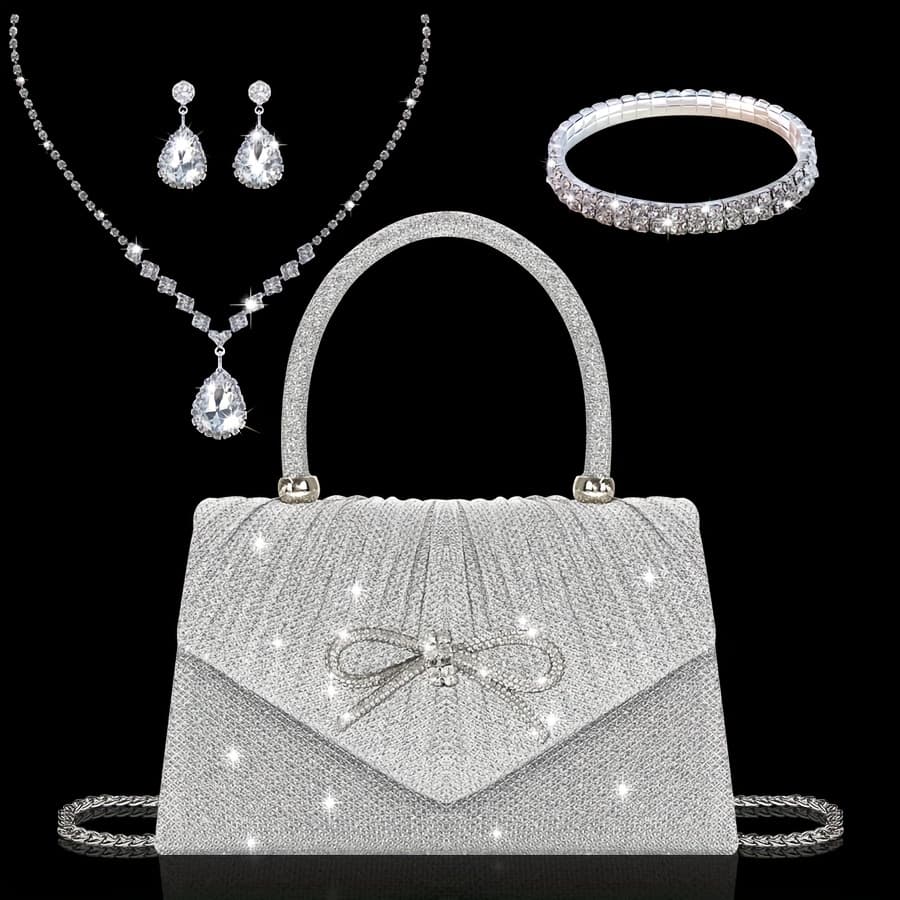 TEMU Elegant Sequin Clutch With Bow - Matching Earrings, Necklace & Bracelet Set - Ideal Valentine's Day Gift For Women, Party Accessory| Sequin Clutch|detailed Closure