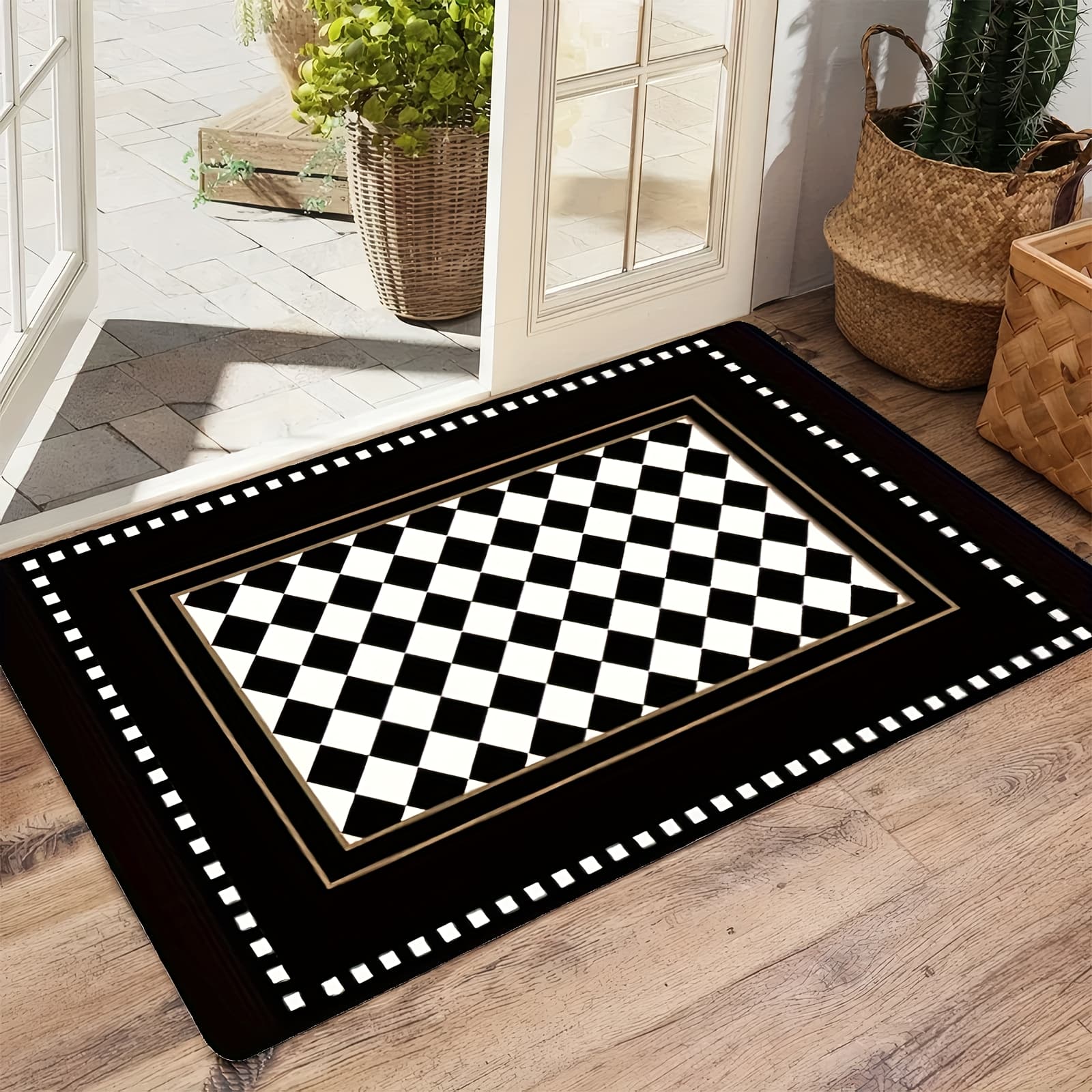 TEMU 1pc Of Flannel Doormat With Black White Checkered Pattern - Absorbent Soft Elegant Flannel For Indoor Entrance