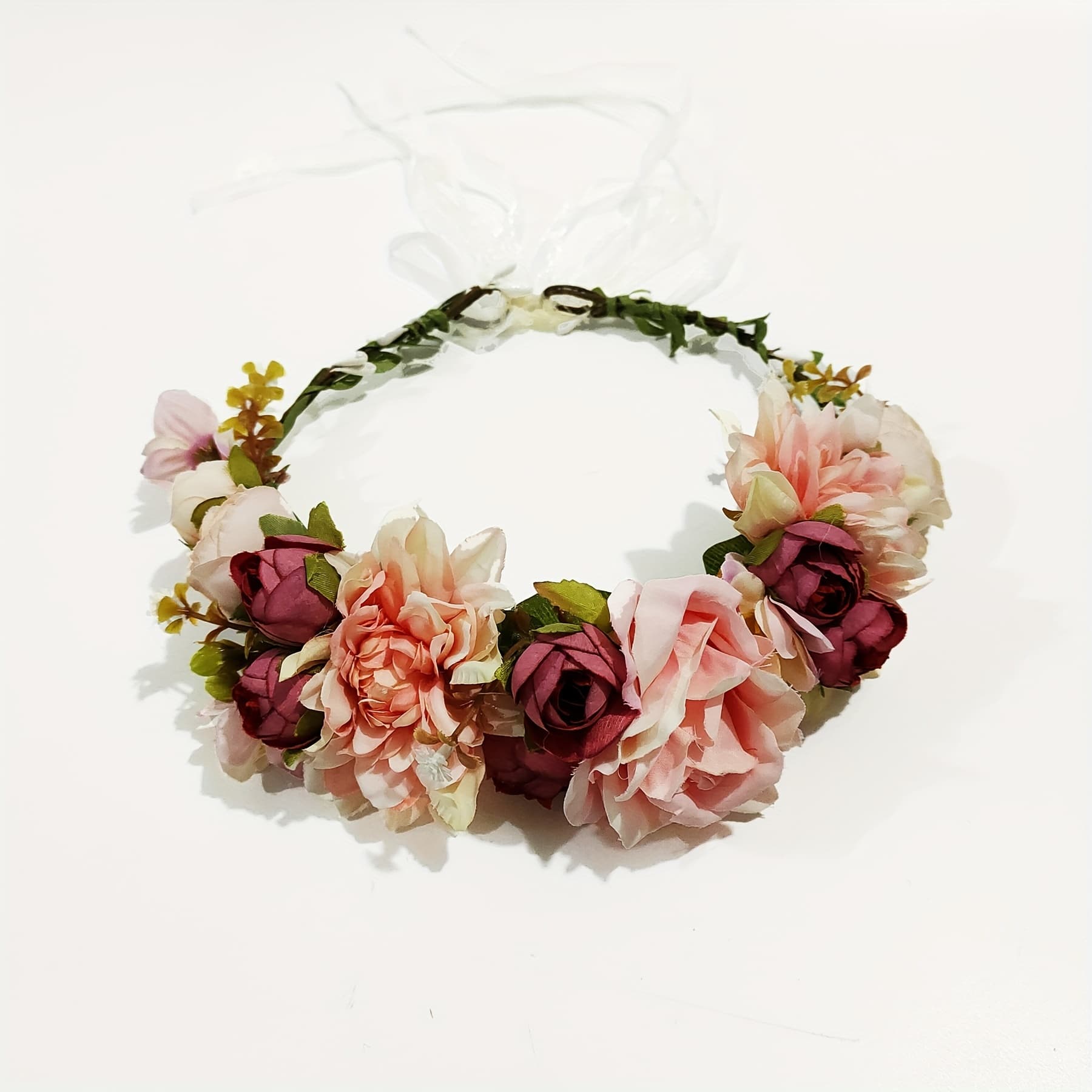 TEMU 1pc Women's Handmade Adjustable Floral Headband, Bohemian Style Rose Flower Crown With Ribbon For Photos, Weddings, Festivals, And Parties