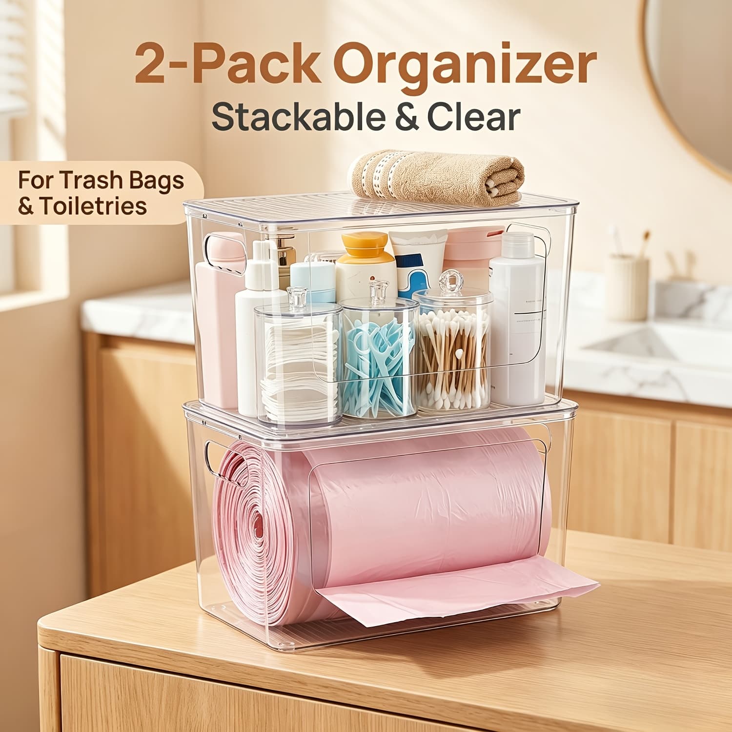 TEMU 2 Pack Trash Bag Holder, Stackable Garbage Bag Dispenser For 13/30/33 Gallon Bags, Clear Organizer Bins For Under Kitchen Sink, Laundry Room Organization And Storage