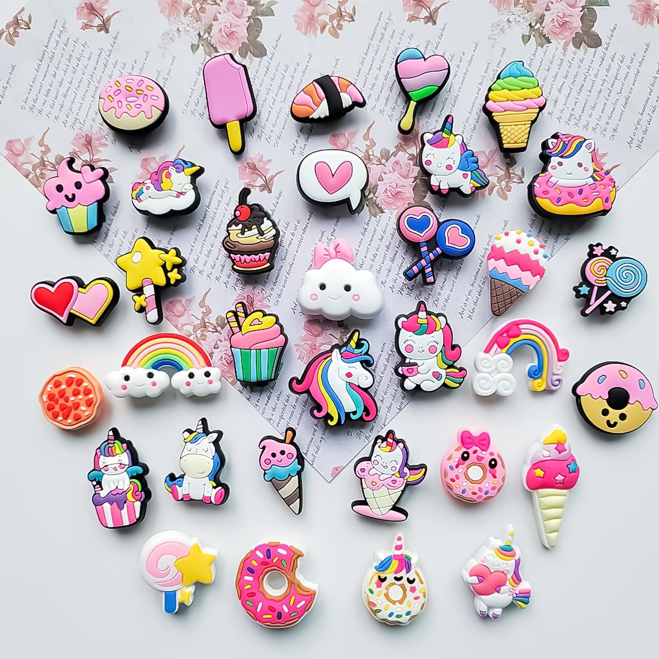 TEMU 34pcs Whimsical Unicorn & Ice Cream Collection - Vibrant Pvc Shoe Charms, Perfect For Halloween, Christmas & Valentine's Gifts | Colorful For Beach Bags & Keychains