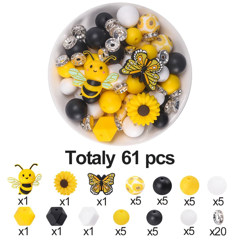 TEMU 61pcs Bee Daisy Printed Silicone Beads Making Kit - Garden Party Fashion Decorative Beads Craft Accessories For Bracelets, Beaded Pendants, Keychains, Bead Pens & Id Lanyard Crafting, Unisex Gift