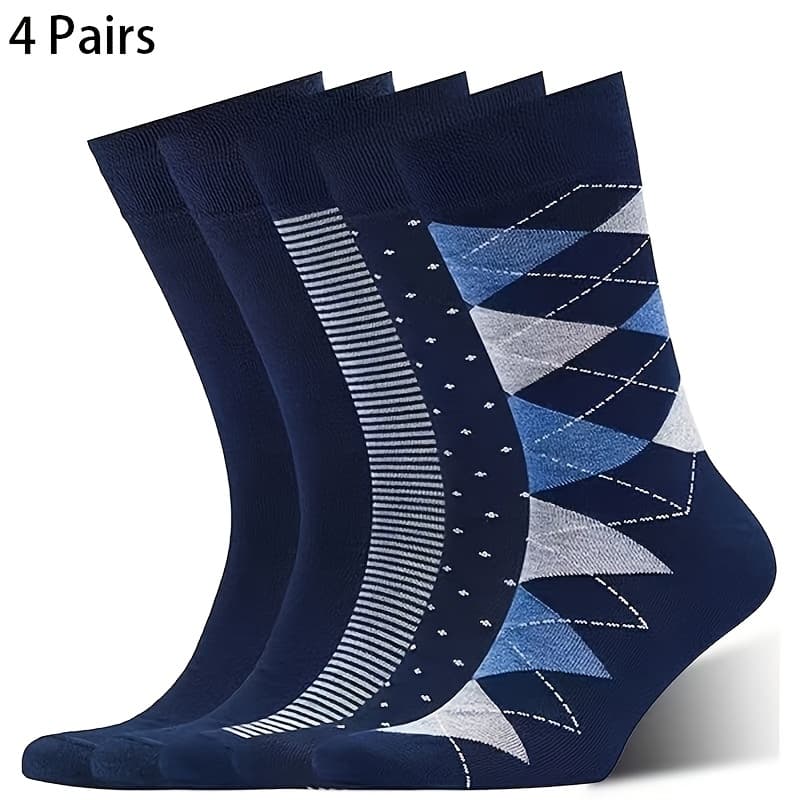 TEMU 4-pairs Pc Men's Minimalist Business Mid-calf Socks, Classic Navy Blue With Diamond Pattern, , Versatile Design, Stylish Style