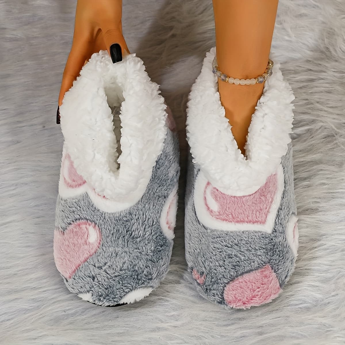 TEMU Women's Winter Indoor Home Slippers With Fashionable Heart Pattern, Plush Lining For , Casual Indoor Floor Shoes, Women Shoes