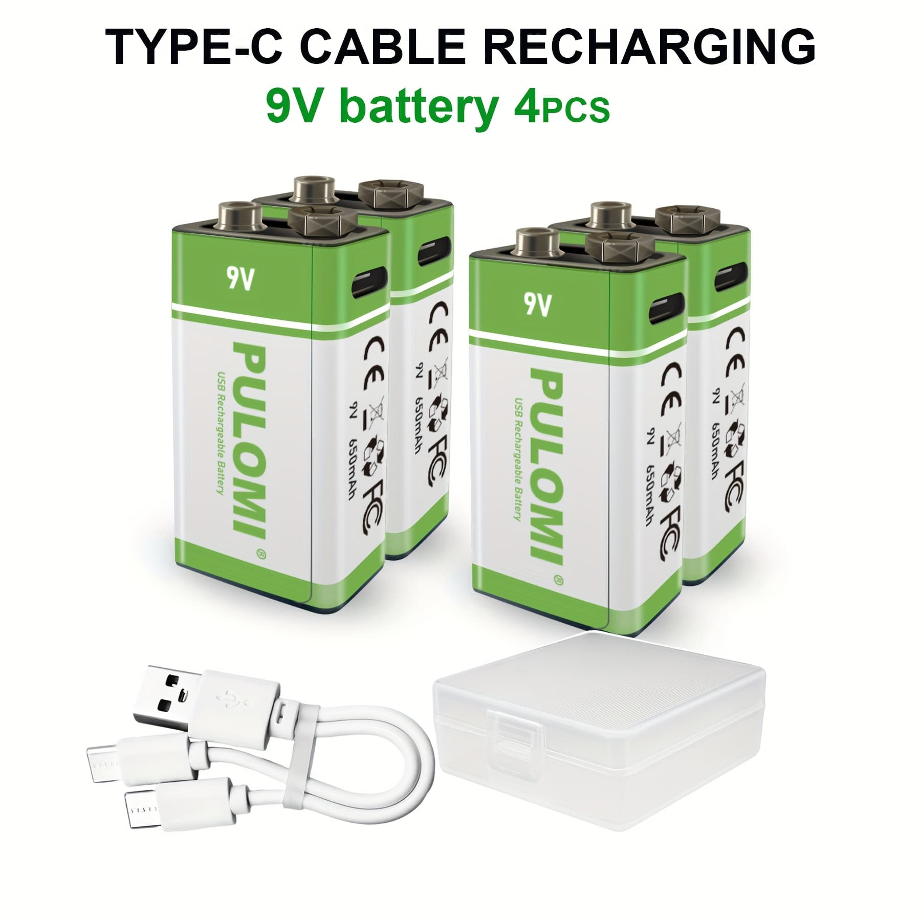 TEMU Set Of 4 Rechargeable 9v Lithium-ion Batteries With Usb/type-c , Featuring A High Capacity Of 650mah And 5920mwh. Offer A Time Of 1.5 Hours, Consistent Output, And Can Last For Up To 1200 Cycles