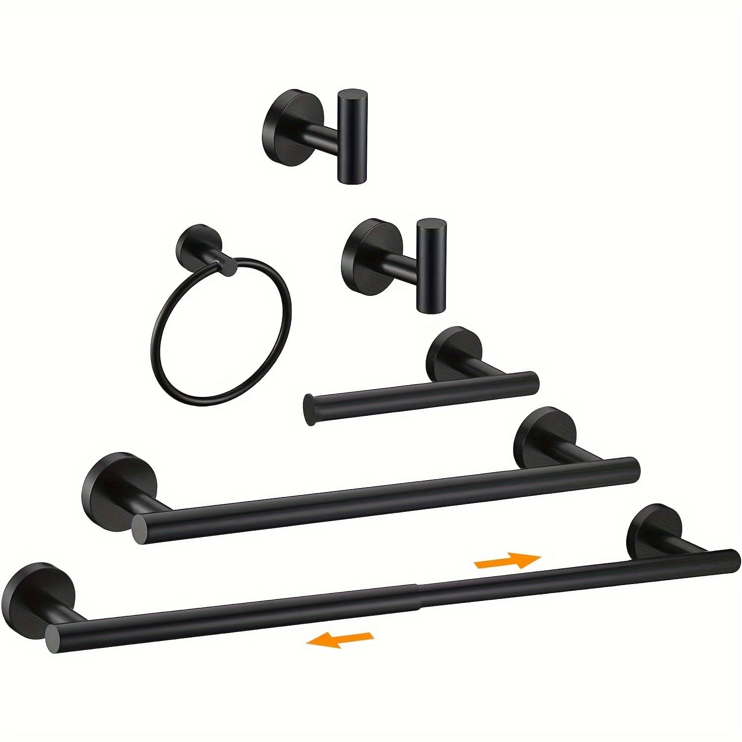 TEMU Bathroom Hardware Set, Matte Black Towel Bar Set, Adjustable Towel Bar, Towel Ring, 16'' Towel Bar, Toilet Paper Holder, 2 Robe Towel Hooks Bathroom Towel Rack Set Wall Mounted 6pcs