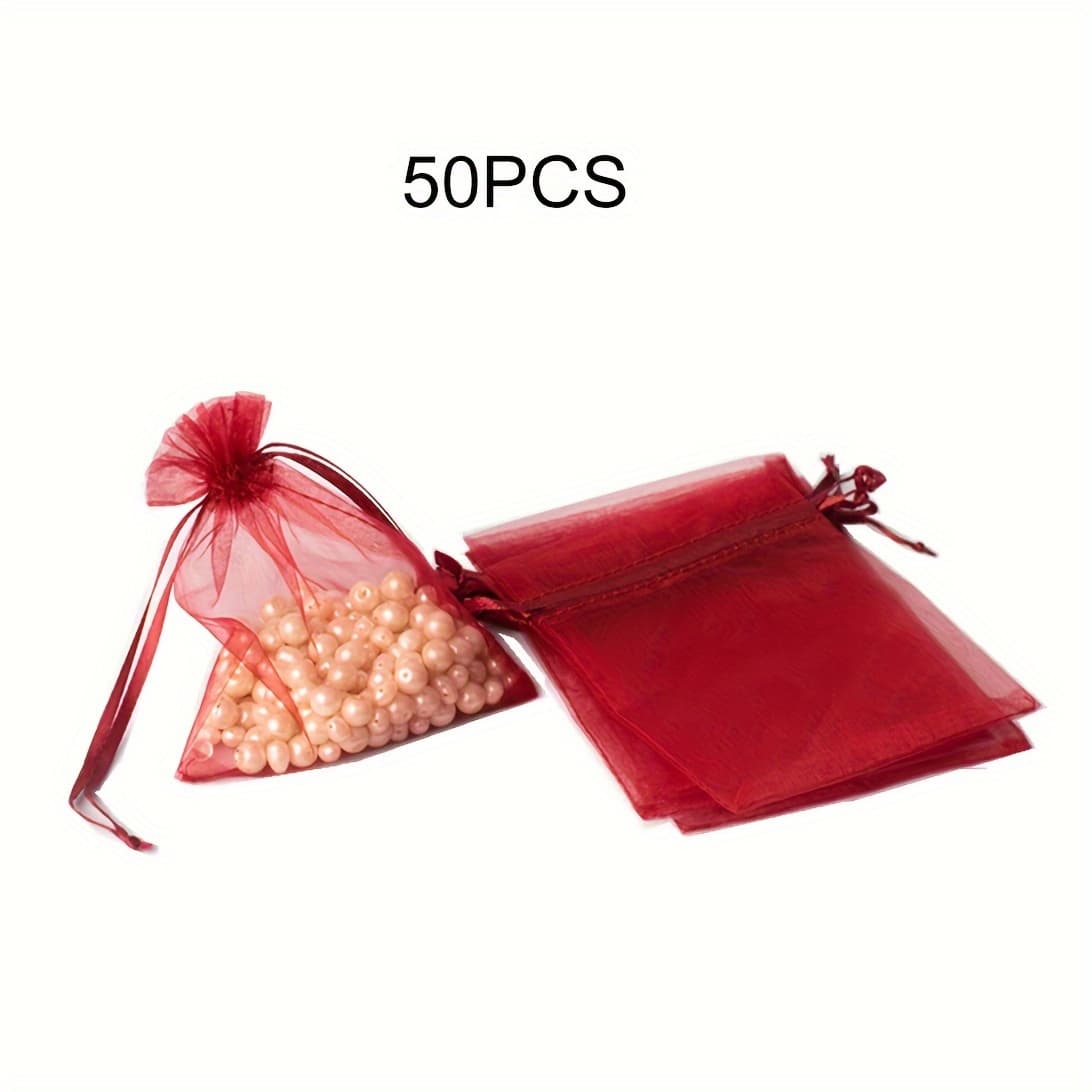 TEMU 50pcs Organza Drawstring Bags, Burgundy Packaging Bags, Bead Jewelry Storage, Gift Packaging Bags, Party Birthday Holiday Gift Wrapping