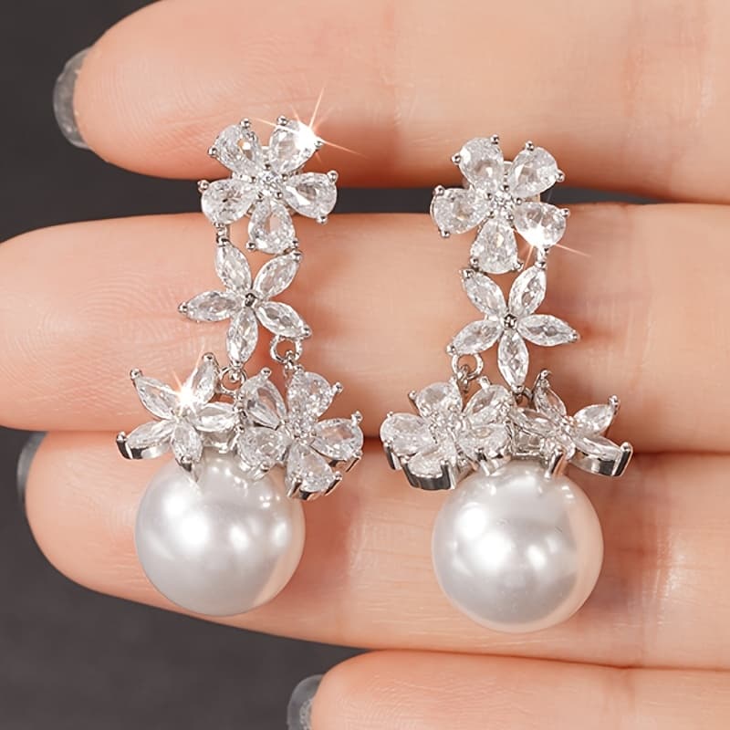TEMU 1 Pair Women's Fashion Dropping Style Earrings Inlaid Synthetic Zirconia Flower Earrings Bride Romantic Wedding Earrings Daily Casual Temperament Earrings Valentine's Day Jewelry Gift