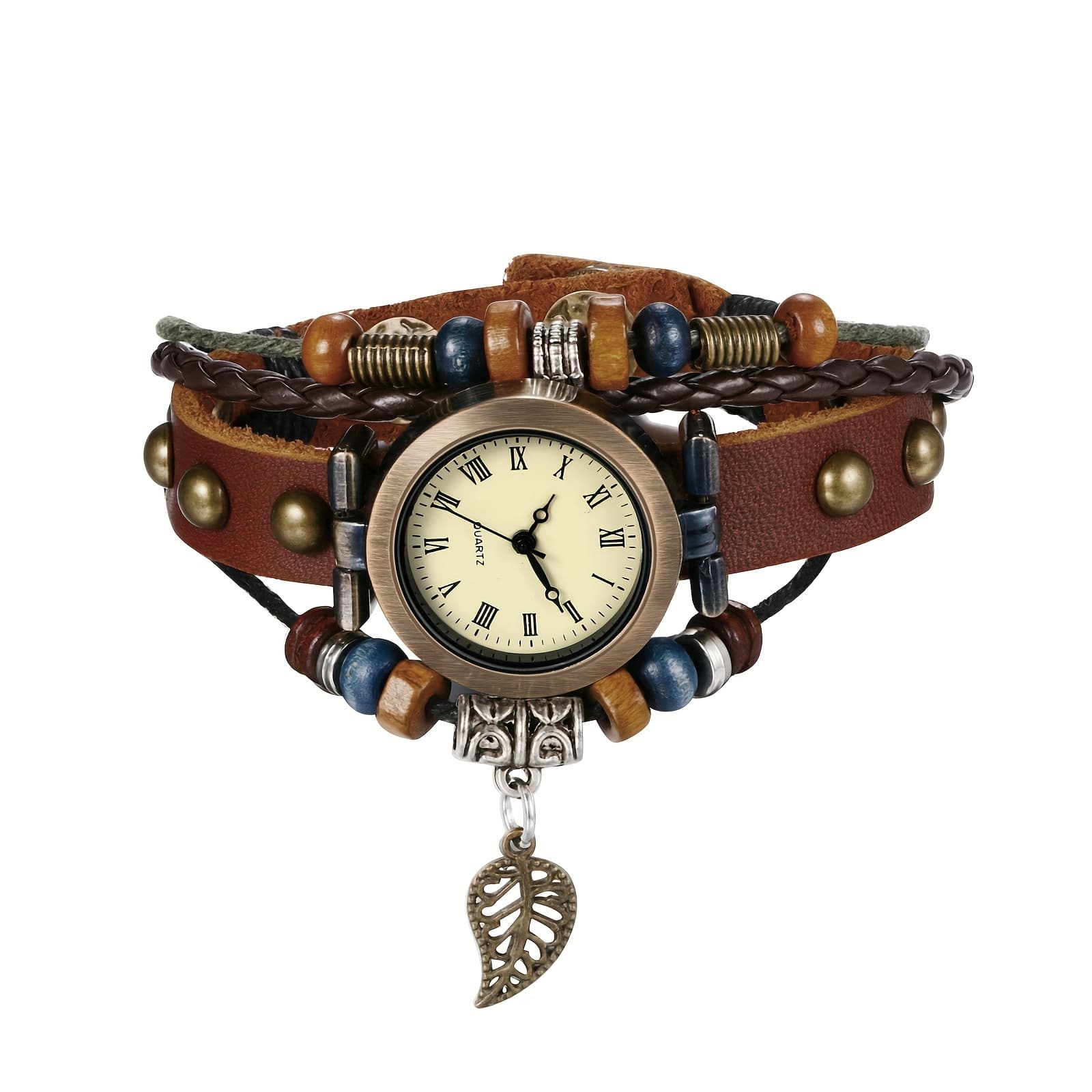 TEMU Vintage Casual Ethnic Quartz Watch, Faux Leather Cord Wrap Bracelet Watch With Pendant For Women, Christmas Birthday Gift