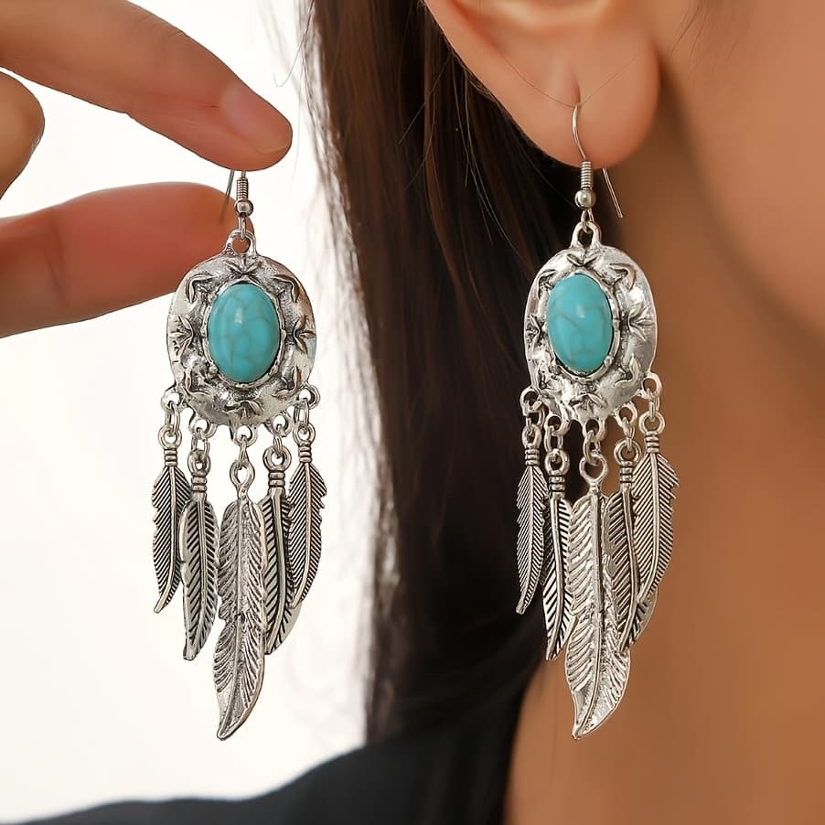 TEMU 1pair Bohemian Ethnic Style Artificial Turquoise Tassel Earrings, Holiday Gift For , Christmas Gift, Daily Wear