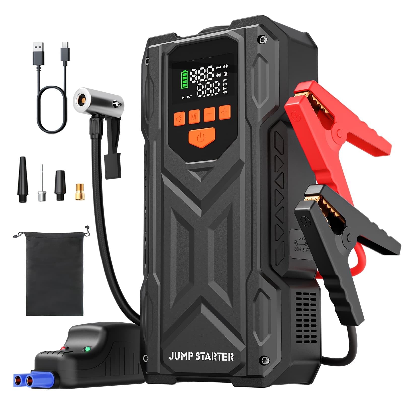 TEMU Portable Jump Starter With An Air Compressor: Perfect For Vehicles, Bikes, And Inflating Sports Equipment. Features A Powerful 6000a Current Battery, Making It An Gift For The